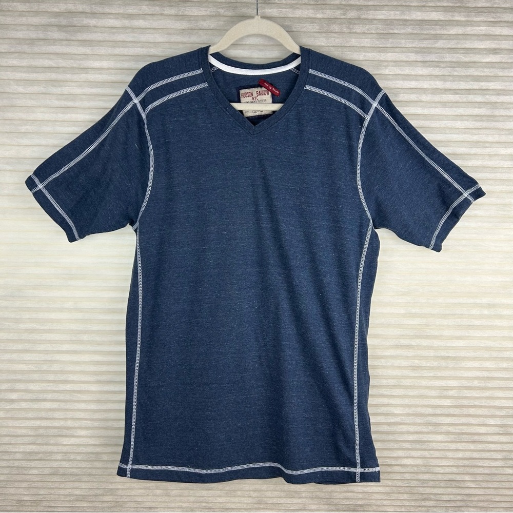 Hudson Barrow NYC Blue Cotton Blend Short Sleeve Tee with Contrast Stitching